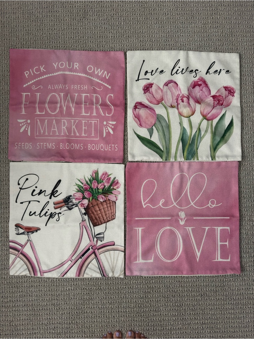 Set of 4 Pink Decorative Pillow Covers 18x18 "Flowers" "Love" Zip close